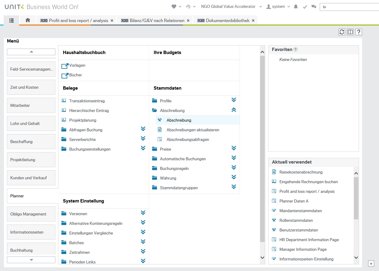 Planner-Übersicht im Hauptmenü des ERP-System